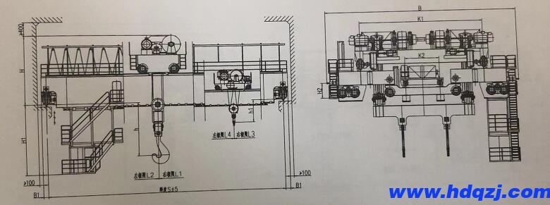 YZ型吊鉤橋式鑄造起重機結(jié)構(gòu)技術(shù)參數(shù)圖